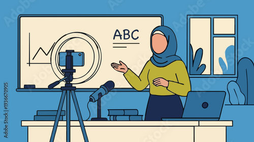 Woman in Hijab Teaching Online with Microphone and Laptop in a Bright Room with ABC on Whiteboard