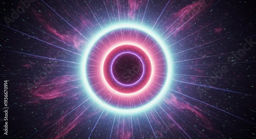 Glowing concentric rings emit bright radial light beams through a star filled nebula backdrop