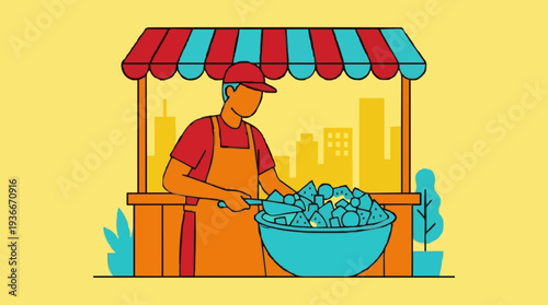 Street Food Vendor Preparing Refreshments At A Vibrant Stall With A Cityscape Silhouette Under A Striped Awning