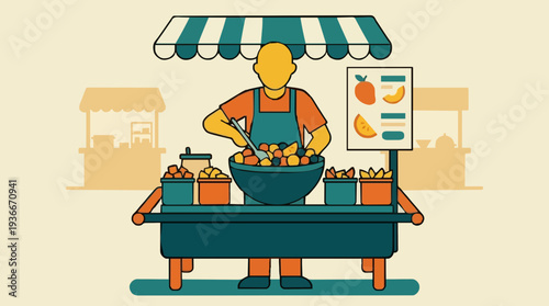 Vendor prepares fresh fruit salad at a vibrant outdoor market stall under a striped awning with a selection of colorful fruits displayed against a simple background