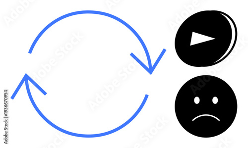 Feedback loop, repetition, emotional response, media cycle, replay, decision-making. Blue circular arrows, play symbol and sad face icons. Feedback loop and repetition concepts