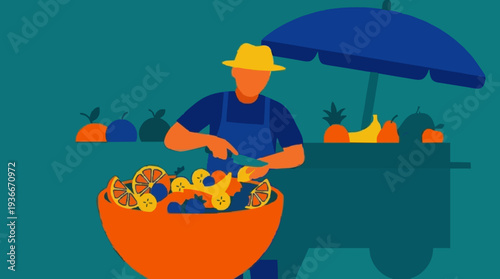 Street vendor in yellow hat blue apron prepares colorful fruit salad in orange bowl at outdoor market stall with assorted fruits and umbrella above