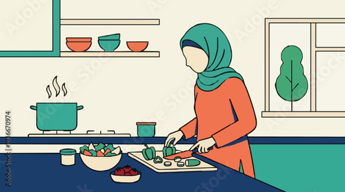 Woman Wearing Teal Hijab Orange Long Sleeve Shirt Prepares Healthy Salad In A Bright Kitchen With Steaming Pot On Stove