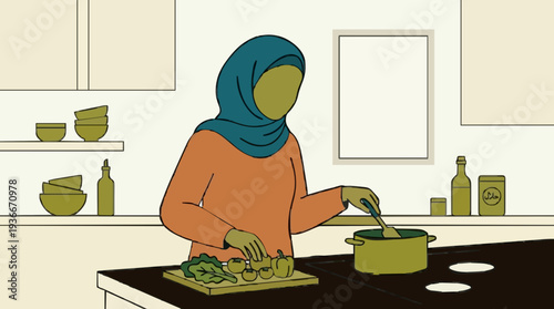 Woman Wearing Teal Hijab and Orange Top Cooking Food in a Kitchen with Green Vegetables and Kitchenware