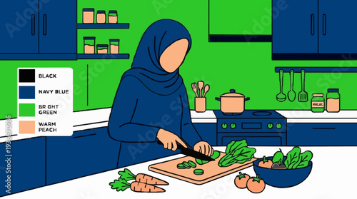 A Muslim Woman In A Blue Hijab And Dress Prepares A Healthy Salad In A Modern Kitchen With Bright Green Walls And Blue Cabinets