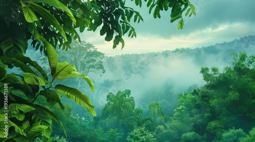 Lush Green Jungle Landscape with Mist and Tropical Foliage in Soft Light at Dawn