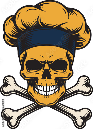 A grinning cartoon skull wearing a yellow chef hat with a blue band and crossed bones beneath it
