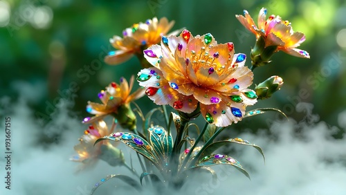 Ornate Flowers Adorned with Colorful Gemstones and Soft Mist