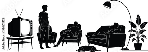 Family Watching Television Living Room Interior Silhouette Vector Illustration Scene Isolated
