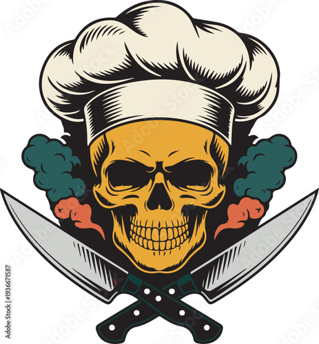 An expressive skull wearing a chef hat with crossed knives and colorful smoke billows behind it