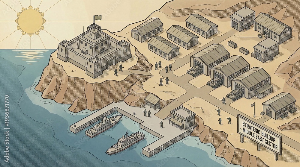 Fototapeta premium military base and headquarters with troops, tanks, and warships near a coastline, depicting a strategic buildup and escalation in the Middle East conflict