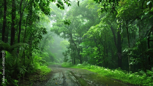 Serene Lush Green Forest Pathway Surrounded by Dense Trees and Mist in a Magical Nature Setting