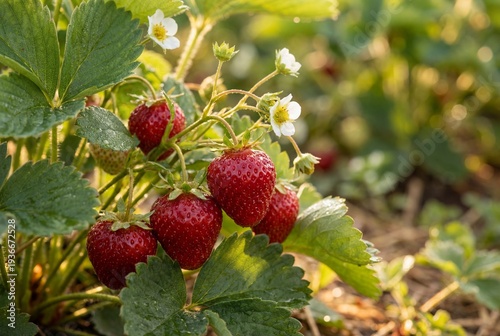 Ripe red strawberries hanging on a green bush with white flowers in warm sunlight during summer