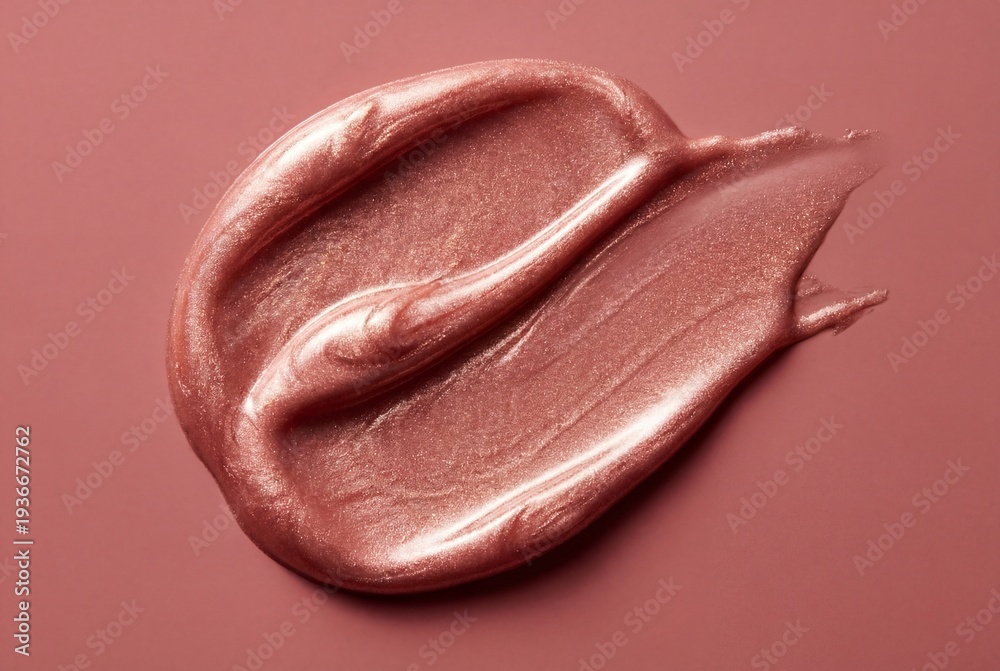 Obraz premium Luxurious metallic rose gold lipstick swatch smeared on pink surface with sparkling shimmer