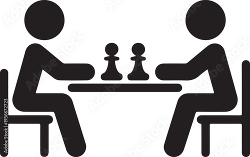 Two black silhouette stick figures are sitting opposite each other at a table playing chess