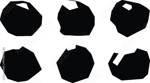 Six dark organic irregular blob shapes on a clean white field resembling natural stone silhouettes