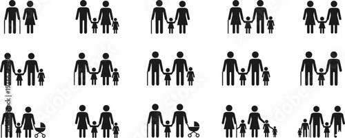 Family Icons Parents Children Grandparents Silhouettes Generation Care Support Love Vector Illustration Set Isolated