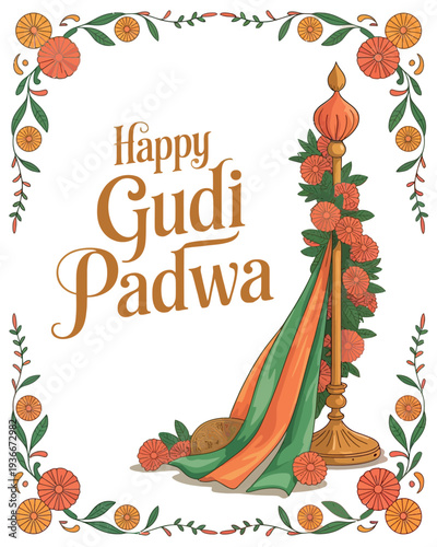 Happy Gudi Padwa Festival Poster with Traditional Gudi and Floral Design