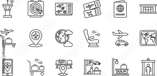 Airport and Air Travel Line Icon Set with Passport Boarding Pass Airplane Luggage and Navigation Symbols Vector Illustration