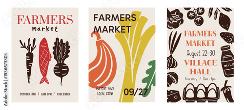 Set of contemporary art minimalist posters for farmers market design. Abstract food templates for grocery store and festivals. Healthy fresh vegetables and fruits. Vector graphic