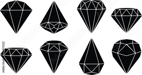 Eight distinct geometric diamond and gemstone shapes presented as sleek black silhouettes with white facet lines