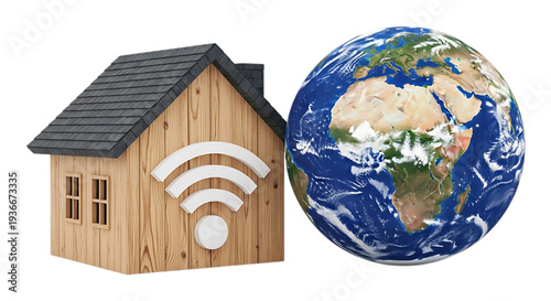Wooden house with wifi symbol next to the earth globe digitally