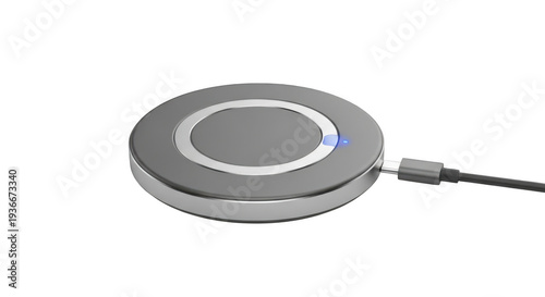 Wireless charging pad with blue light indicator and USB cable connected 3D render isolated on transparent background