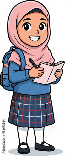 Student Girl in Hijab with Backpack and Notebook Smiling for School