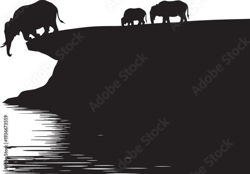 Elephant family standing on cliff overlooking water in silhouette style nature vector art