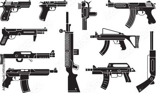 A diverse collection of black weapon icons including pistols, rifles, and various submachine guns