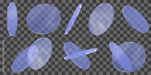 3d blue glass transparent coin, disk, podium or shape element with different angles. Realistic circle figure. Y2k abstract element. Stock vector illustration on isolated background.