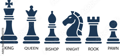 A row of dark blue chess pieces including king queen bishop knight rook and pawn on white