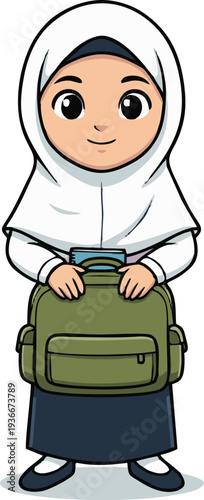 Student Girl Wearing Hijab and Holding Backpack Ready for School