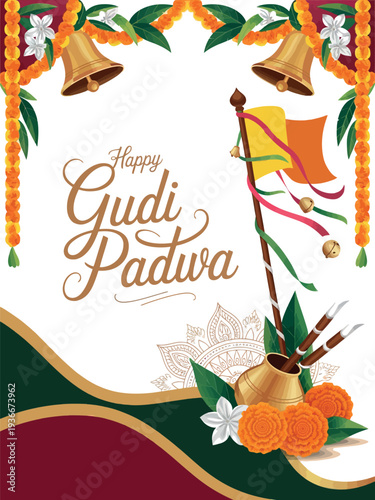 Happy Gudi Padwa Festival Poster with Traditional Gudi and Floral Design