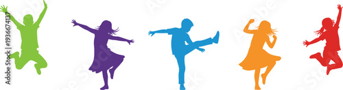Colorful People Silhouettes Jumping Dancing Happy Celebration Energy Youth Vector Illustration Isolated Set