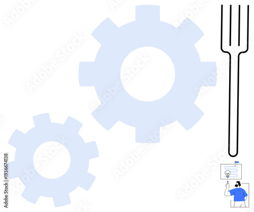 Engineering, problem-solving, teamwork, industry, productivity, tools, and management. Two gears and a fork next to a person presenting a diagram. Engineering and problem-solving concepts