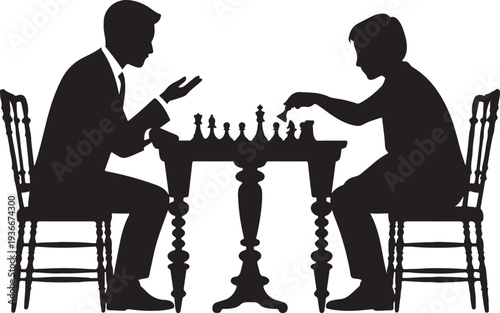 Two male players in silhouette intently engaged in a strategic game of chess at a detailed table