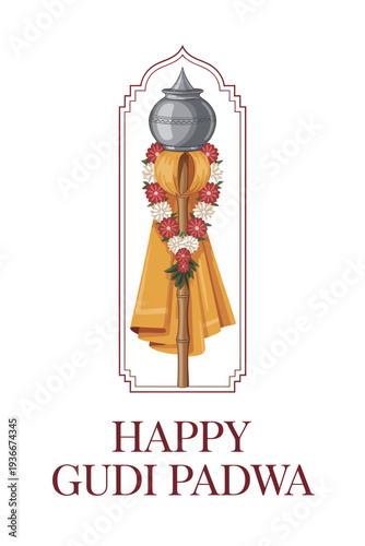 Happy Gudi Padwa Poster with Traditional Gudi and Marigolds Design