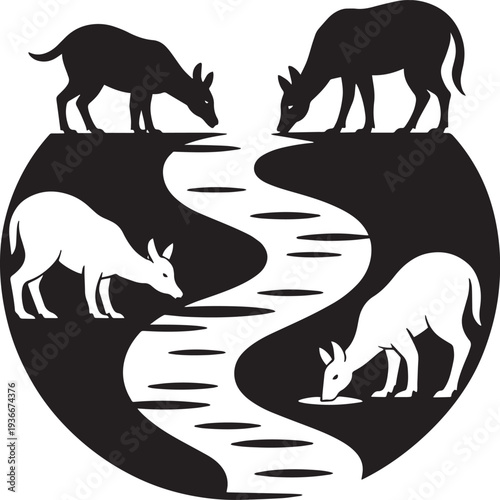 Four deer drinking from a river in a circular composition, vector art