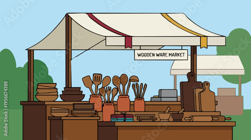 Outdoor Market Stall Displaying Kitchen Utensils and Pottery Under a Striped Awning with Green Trees and Blue Sky in the Background