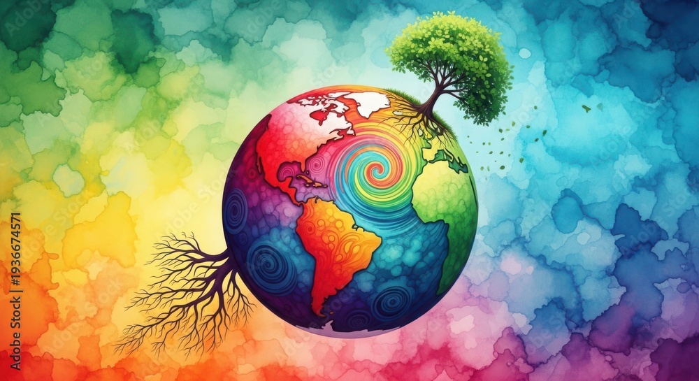 Obraz premium Vibrant Earth with Swirling Patterns and Growing Tree, Environmental Awareness Scene from Unique Perspective on World Water Day