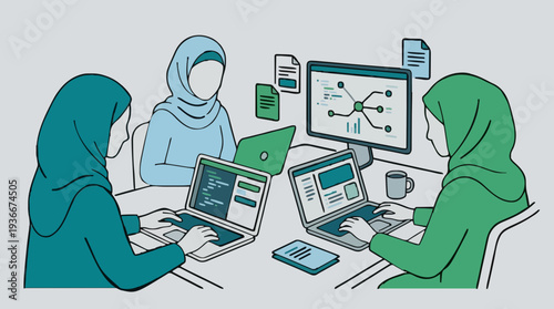 Three women wearing hijabs collaborate around a table with laptops and a computer displaying charts and graphs in a modern office setting