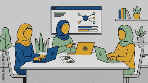 Three Muslim Women in Hijab Collaborate on Project Using Laptops and Presentation Screen in Modern Office Setting