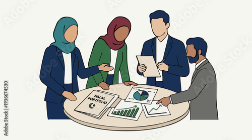 Diverse business professionals collaborating around a table with charts and documents in a modern office setting with soft lighting