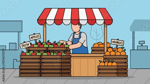 Outdoor Market Stall Selling Fresh Apples and Oranges With Red White Canopy And Wooden Crates On Paved Ground With Buildings In Background Under Blue Sky