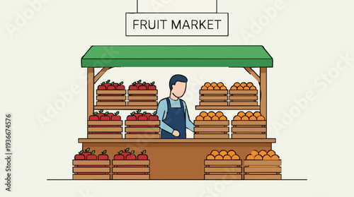Man Standing Behind Fresh Produce Stall Filled With Crates of Red Tomatoes and Orange Fruits Under a Green Canopy on a Bright Day