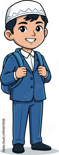 Boy Muslim Student Going to School with Backpack and Kufi Happy Smile