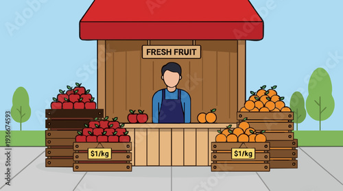 Man Selling Fresh Apples and Oranges at a Wooden Fruit Stand on a Sunny Day