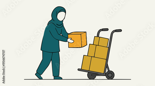 Woman Wearing Hijab and Teal Outfit Loading Cardboard Boxes Onto a Hand Truck for Delivery and Shipping on a Light Background