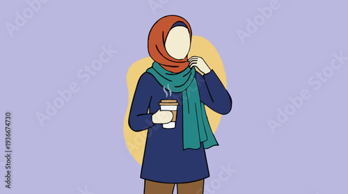 Young Woman Wearing a Teal Scarf and Orange Hijab Holding a Coffee Cup in a Studio Setting with a Light Purple Background